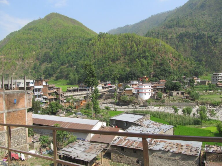 The Trishuli river valley at Betrawati in Nuwakot district, Nepal, the current road-head for flood-affected areas of Rasuwa
