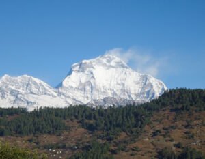 Dhaulagiri I mountain seen from Nangi in Myagdi district, Nepal, snow peaks above forested ridges