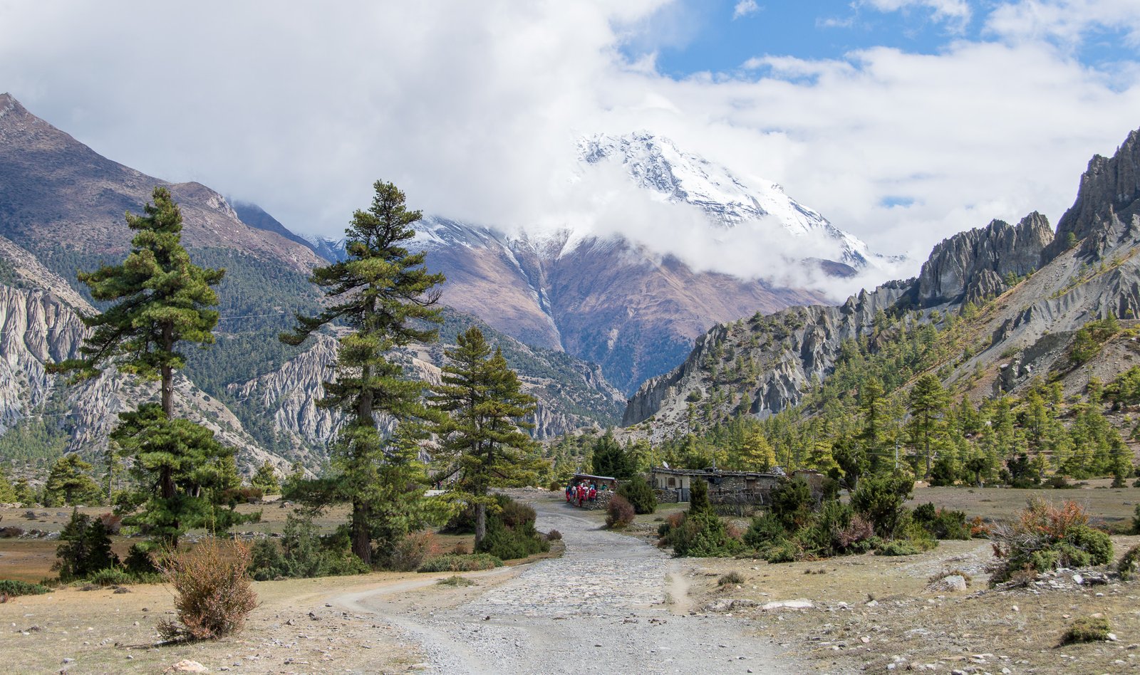 The mountain road between Humde and Manang villages on the Annapurna Circuit in Nepal, with arid Himalayan terrain