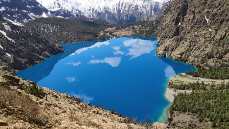 Shey Phoksundo Lake, the turquoise high-altitude lake in Dolpa district served by the Bheri Corridor road now blocked by flash flooding in Jajarkot